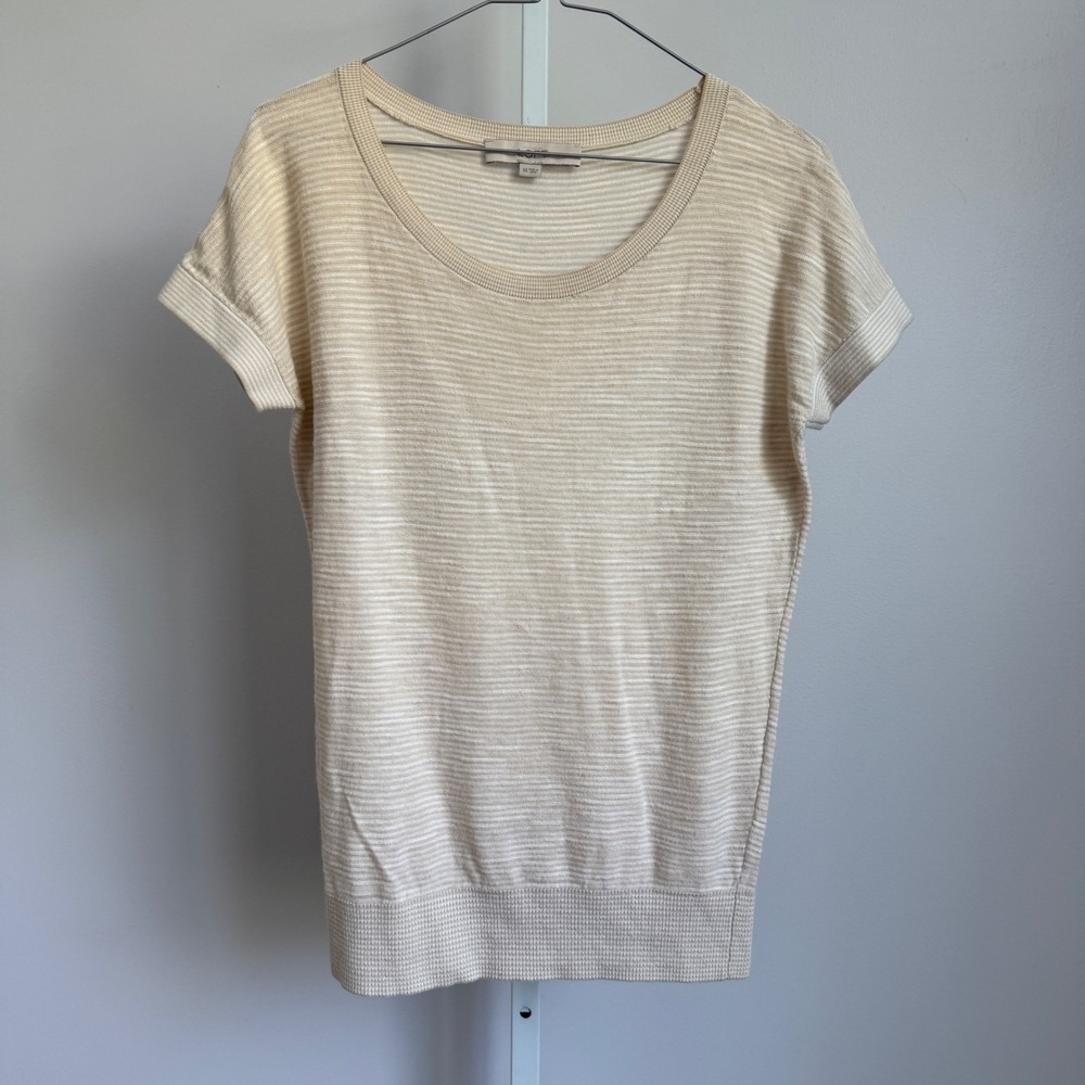 Loft Cotton Clean Coastal Academia Dainty Striped Knit Top XS Beige